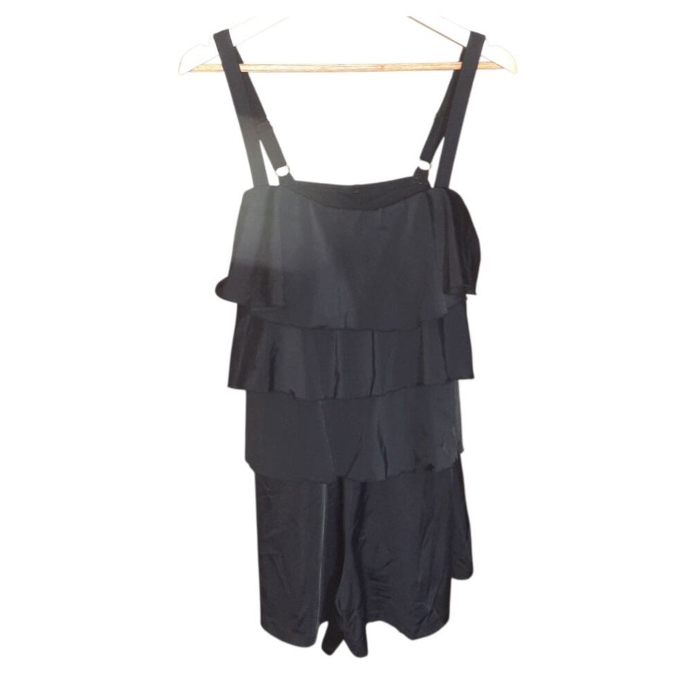 A Shore Fit Womens Black Adjustable Straps Ruffle One Piece Swim Romper Size 20W